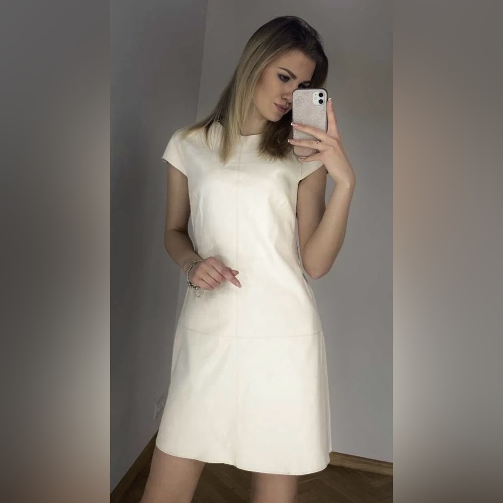 ZARA, Faux Leather Cream White A-Line Dress, Size XS